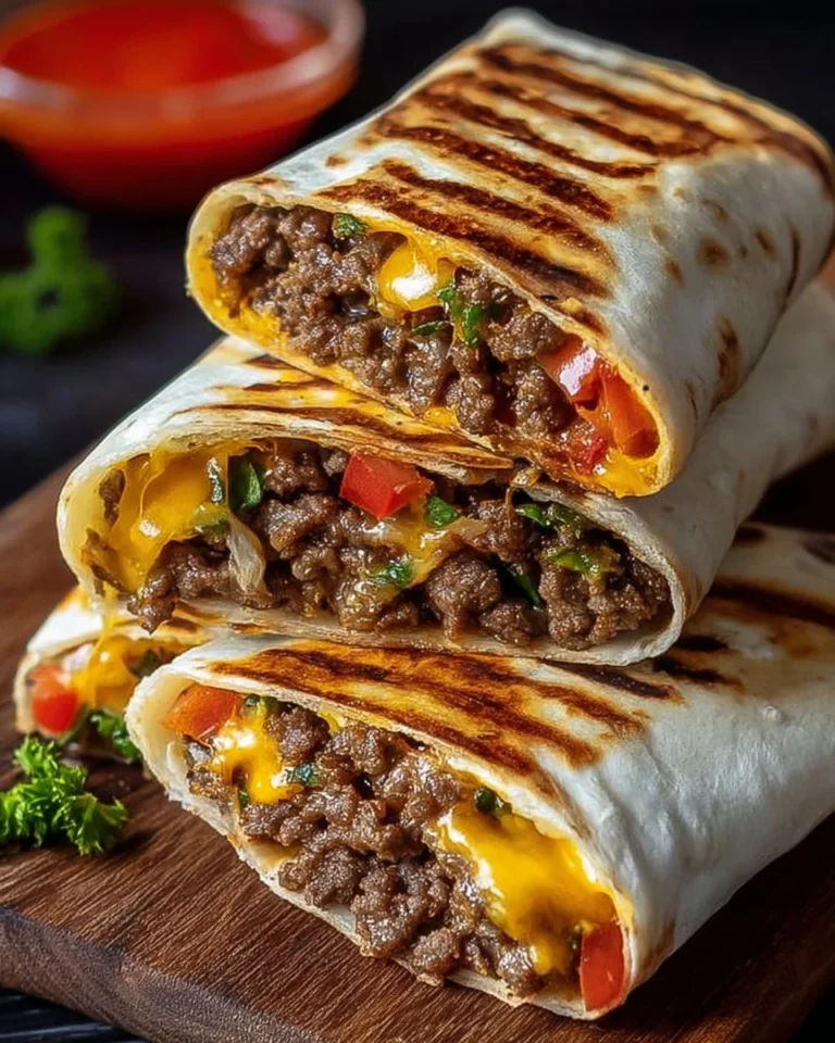 Grilled cheeseburger wraps filled with juicy beef and melted cheese