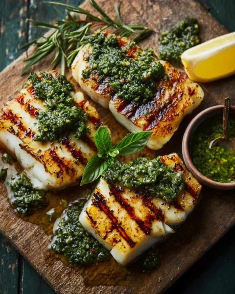 Grilled keto halibut steaks served with basil chimichurri sauce