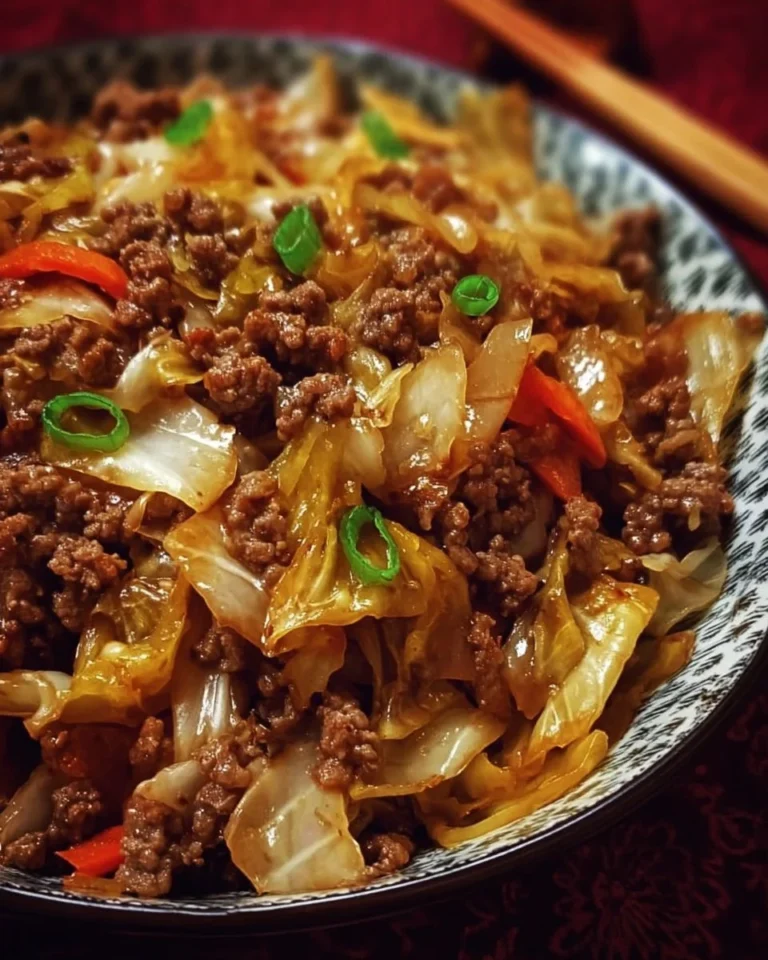 Delicious ground beef and cabbage stir fry served in a bowl