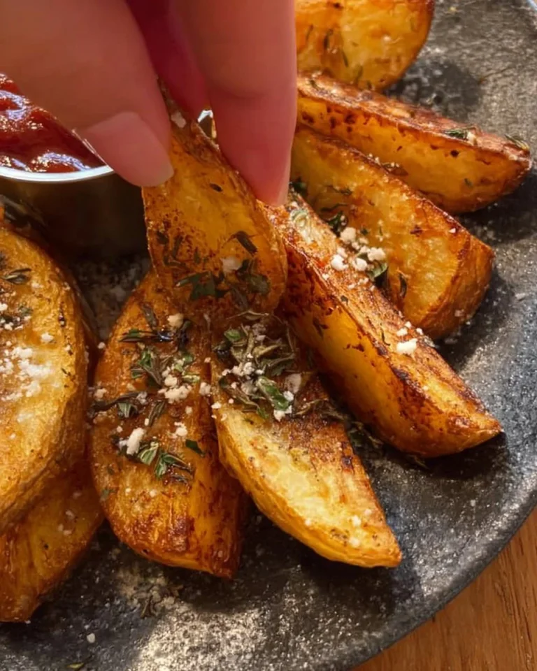 Plate of crispy healthy air fryer potato wedges garnished with herbs