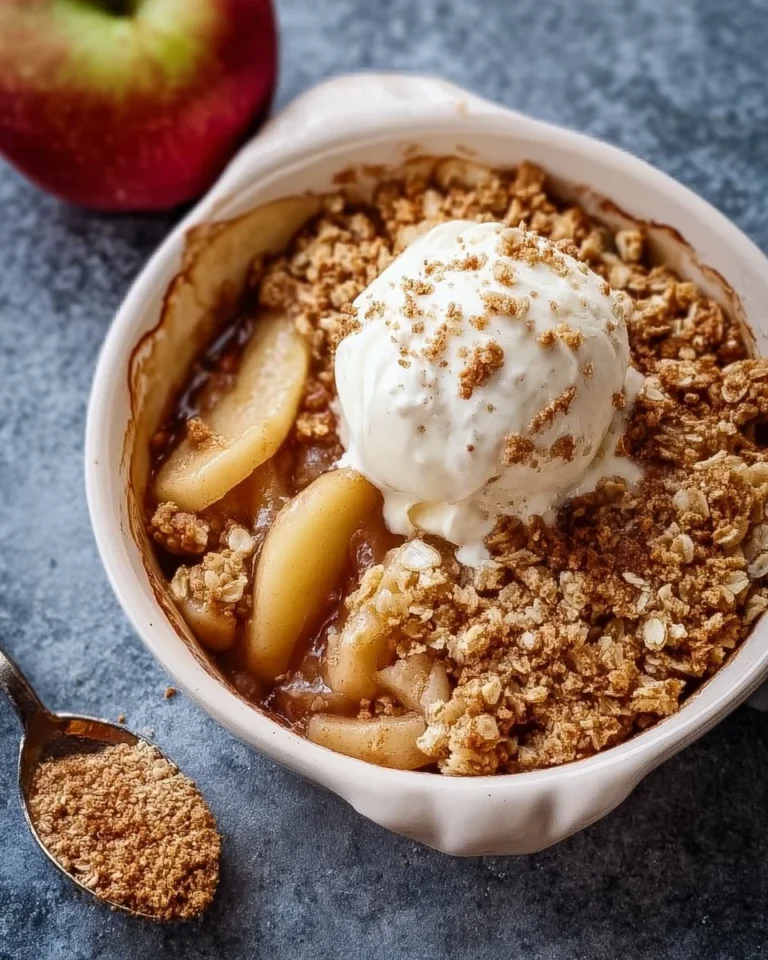 Healthy high protein apple crisp topped with oats and fresh apples