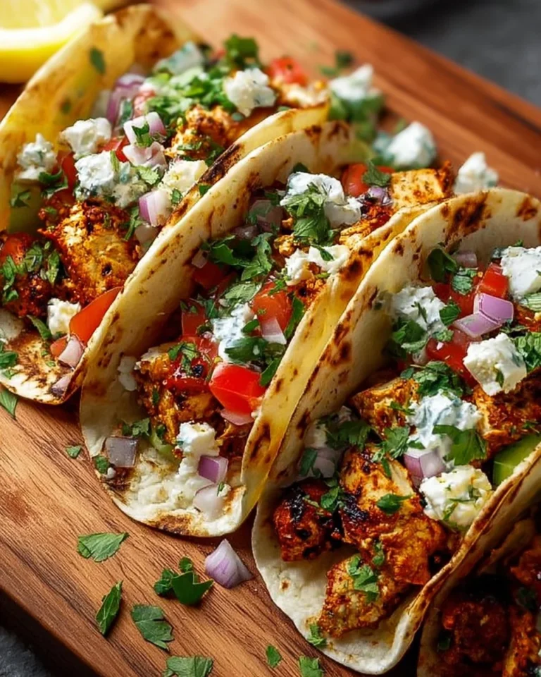 Healthy Mediterranean chicken tacos filled with fresh vegetables and spices