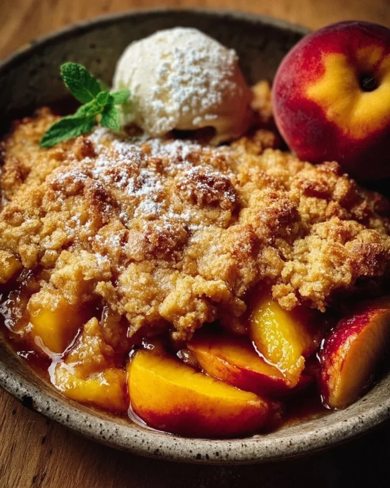 A delicious serving of healthy peach cobbler topped with fresh peaches and a golden crust.