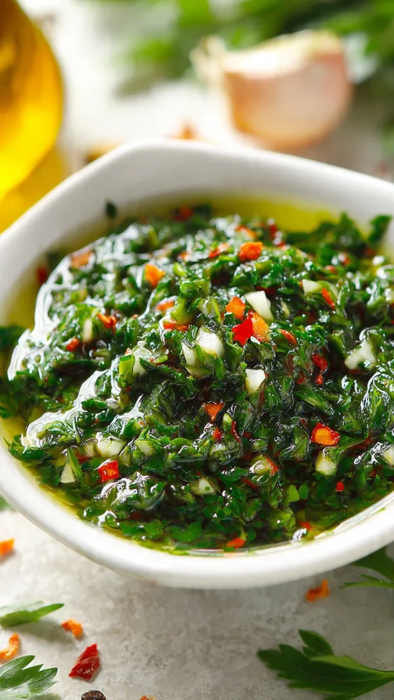 Homemade herbacious chimichurri sauce in a bowl garnished with fresh herbs.