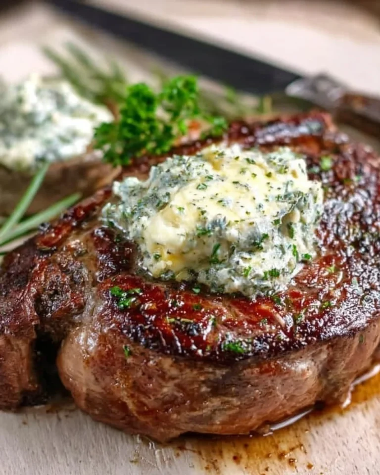 Juicy herbed butter steak garnished with fresh herbs and butter