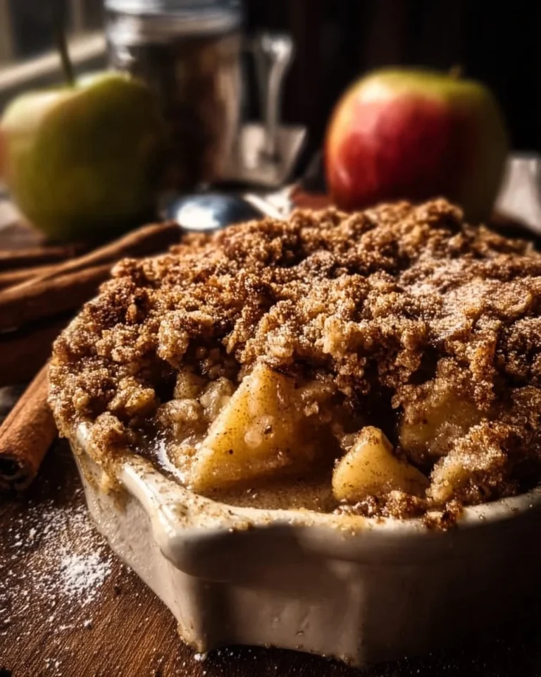 High-protein apple crumble served in a bowl with fresh apples on top