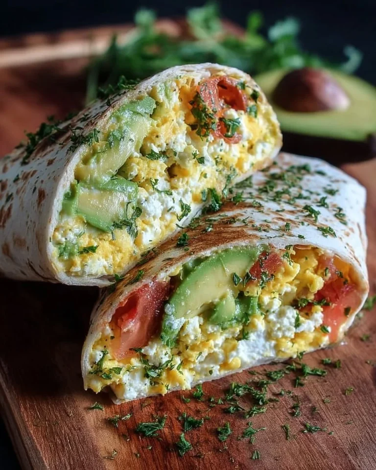 High-protein breakfast wrap with cottage cheese and avocado on a plate
