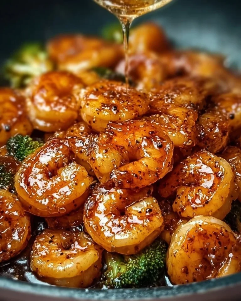 High-protein honey garlic shrimp served with vegetables and rice.