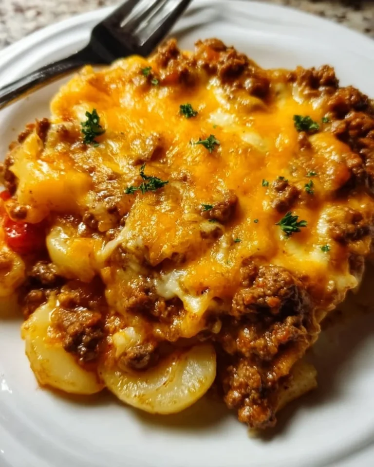 Delicious Hobo Casserole with ground beef, vegetables, and cheese baked to perfection.