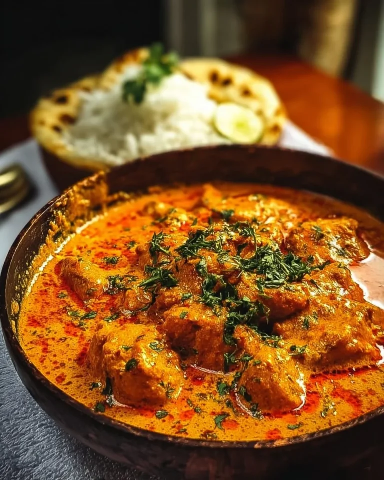 Delicious homemade butter chicken served with rice and naan bread.