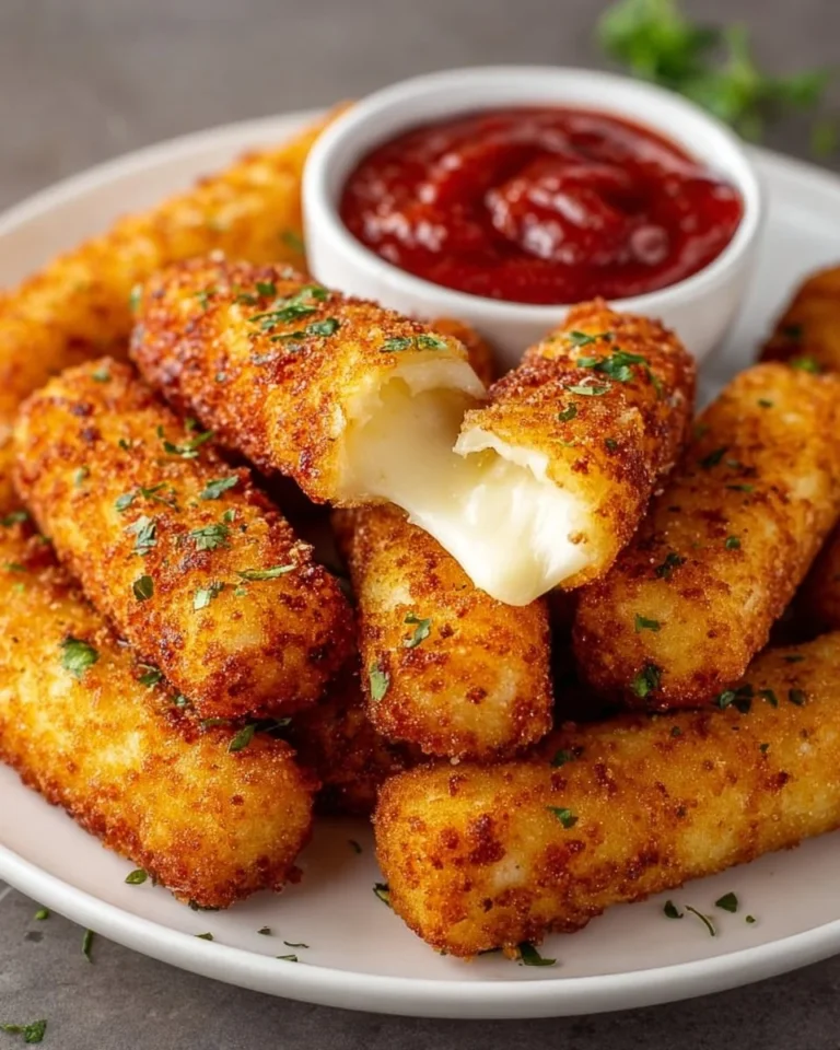 Homemade mozzarella sticks served with marinara sauce for dipping.