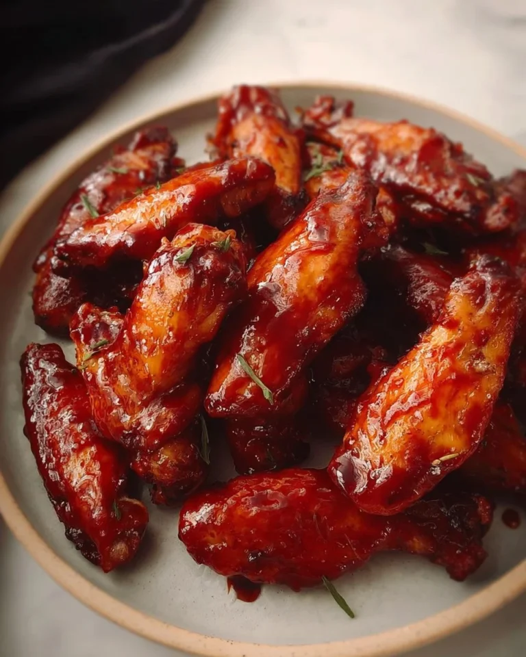 Delicious honey BBQ chicken wings garnished with herbs