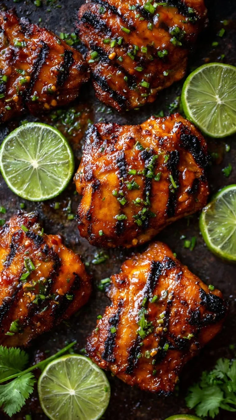 Honey Lime Grilled Chicken Thighs on a grill with fresh herbs