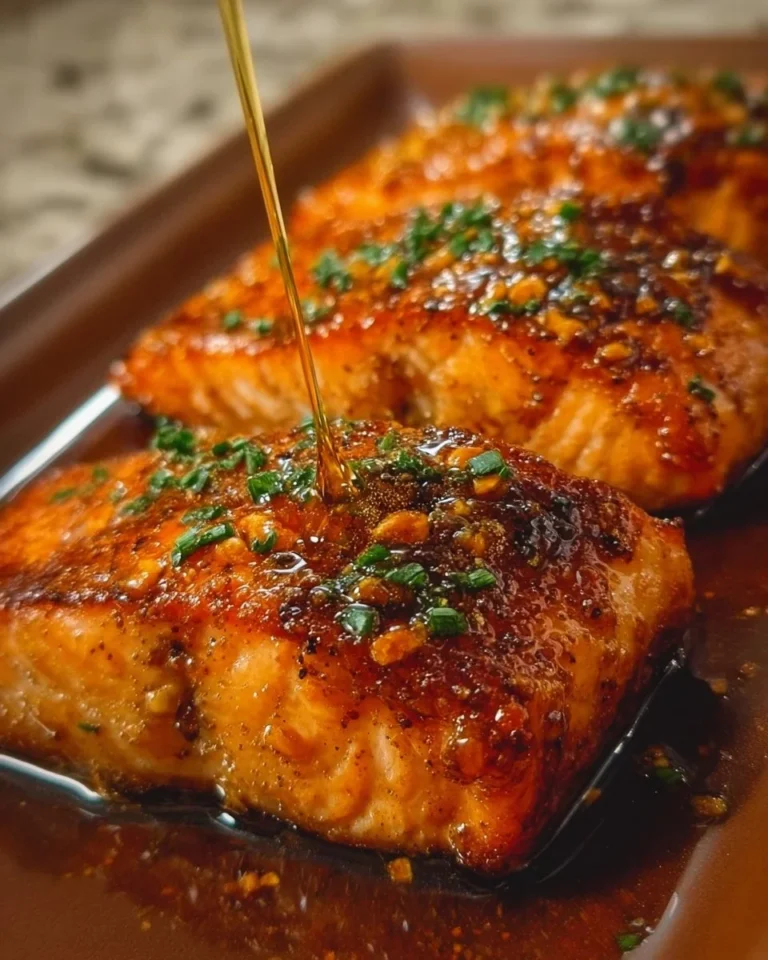 Plate of hot honey air fryer salmon garnished with herbs