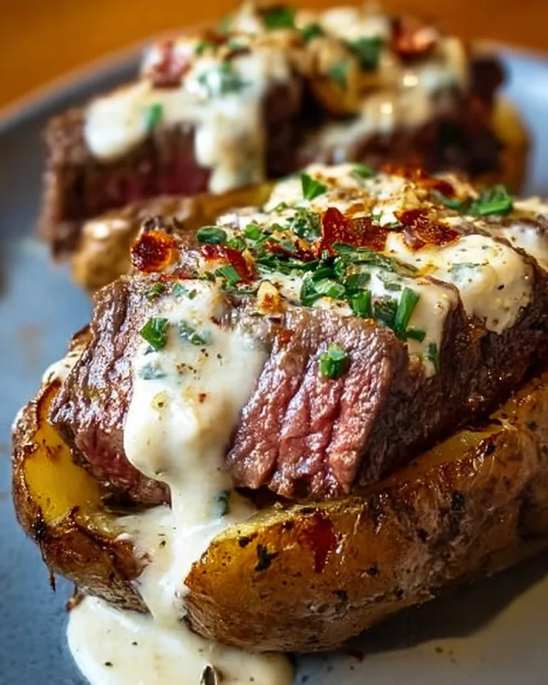 Loaded steak potatoes with savory cream sauce served on a plate