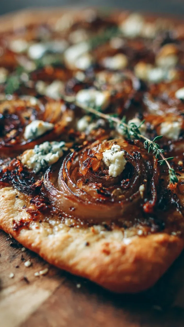 Caramelized onion flatbread topped with goat cheese and fresh herbs
