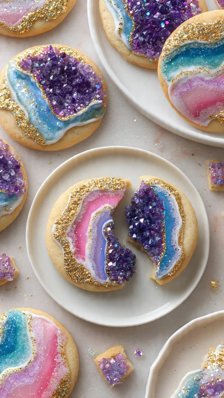 Beautifully decorated geode cookies with vibrant colors and crystal-like sugar decorations.