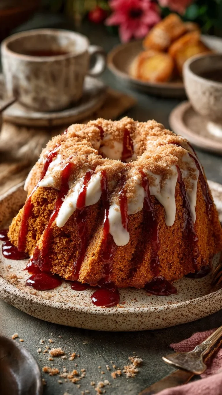 Irresistible guava coffee cake served on a plate with a slice cut out