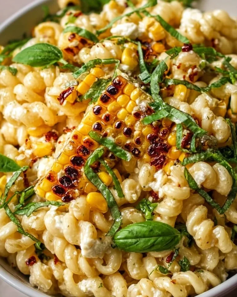 Delicious Juicy Street Corn Pasta Salad with fresh ingredients and vibrant colors.