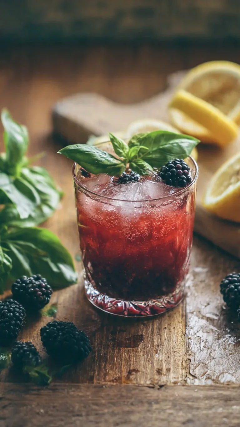 Refreshing Keto Blackberry Basil Lemon Drink in a clear glass with basil leaves.