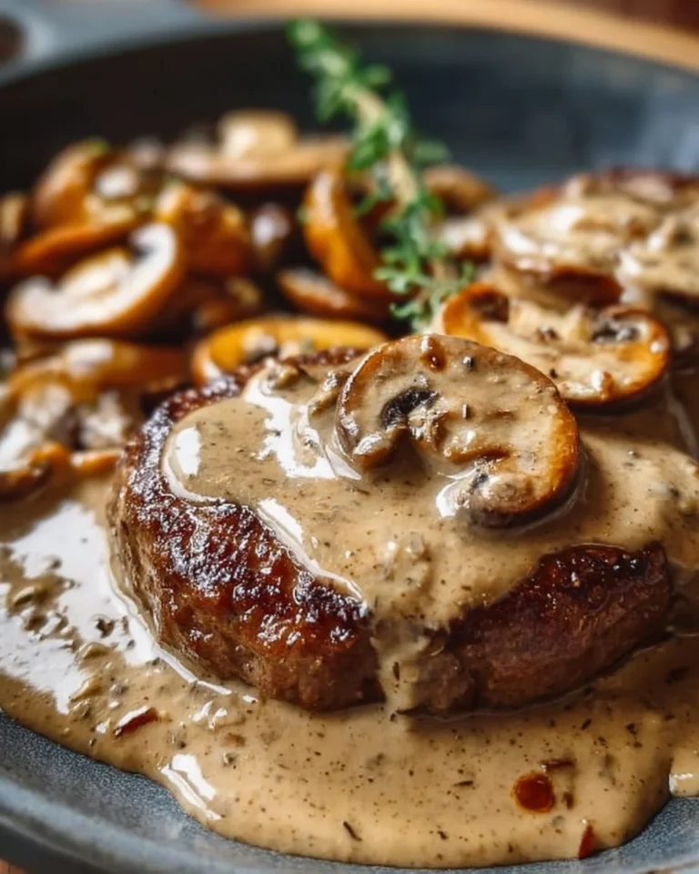 Delicious Keto Burger Steak topped with rich mushroom gravy on a plate