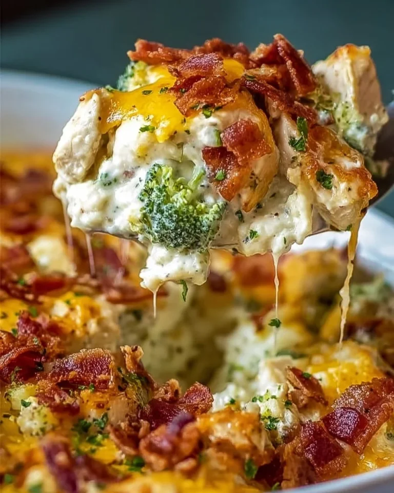 Keto Chicken Bacon Ranch Casserole topped with crispy bacon and cheese