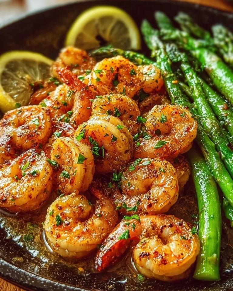Keto Garlic Butter Shrimp with Asparagus served on a plate