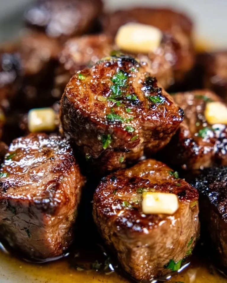 Delicious Keto Garlic Butter Steak Bites served on a plate with herbs and spices