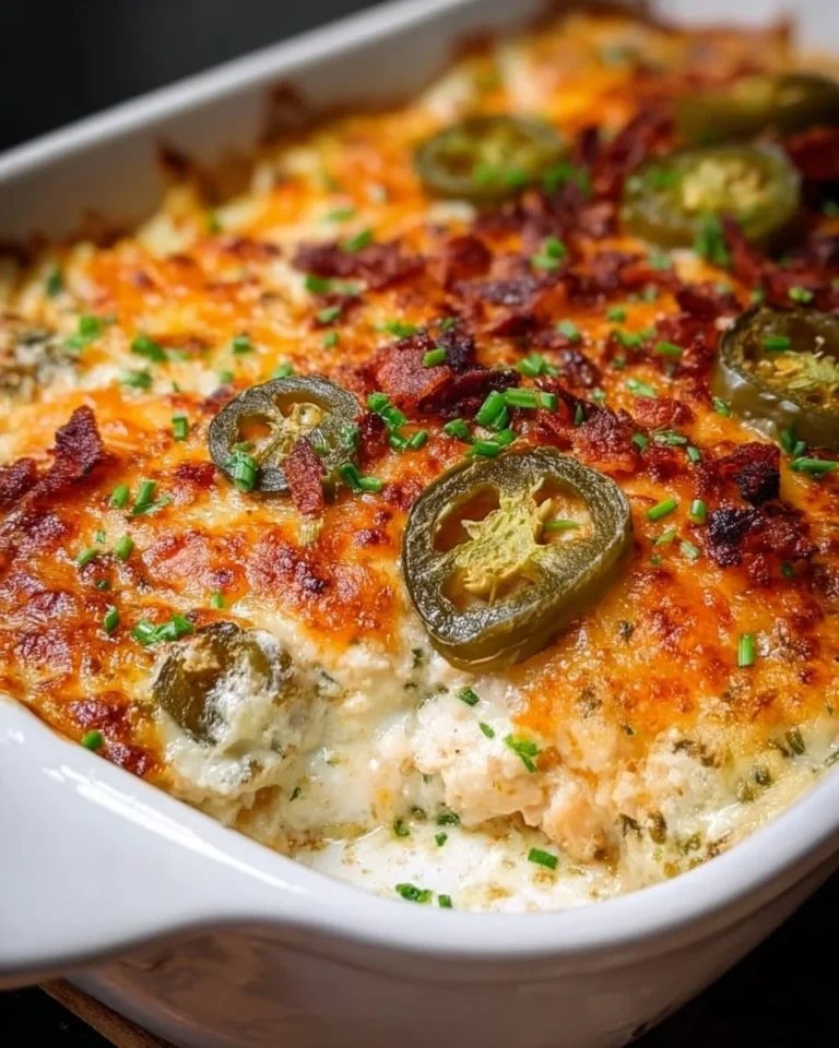 Keto Jalapeno Popper Chicken Casserole topped with cheese and jalapenos