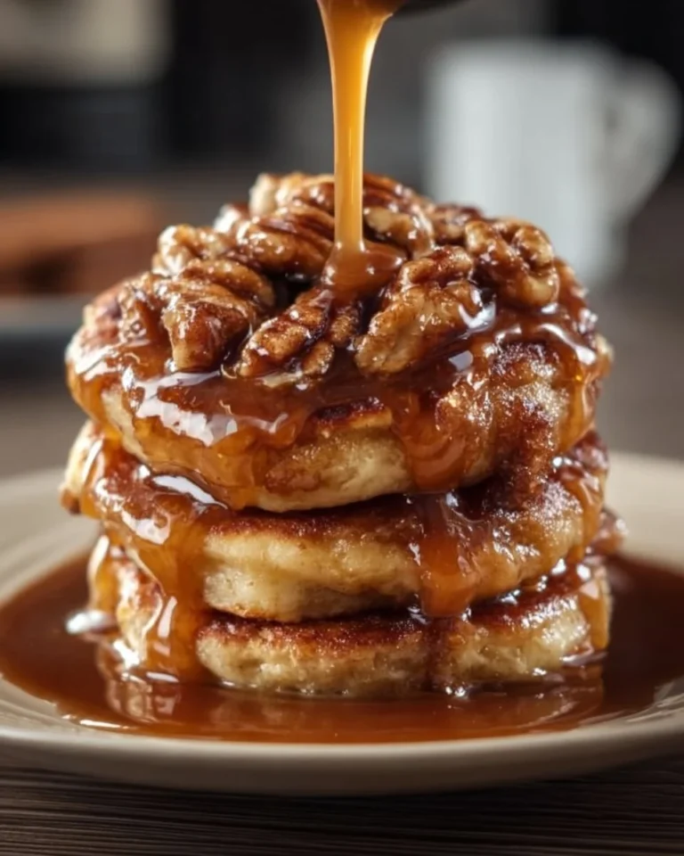 Delicious Keto Sticky Bun Pancakes topped with icing and nuts