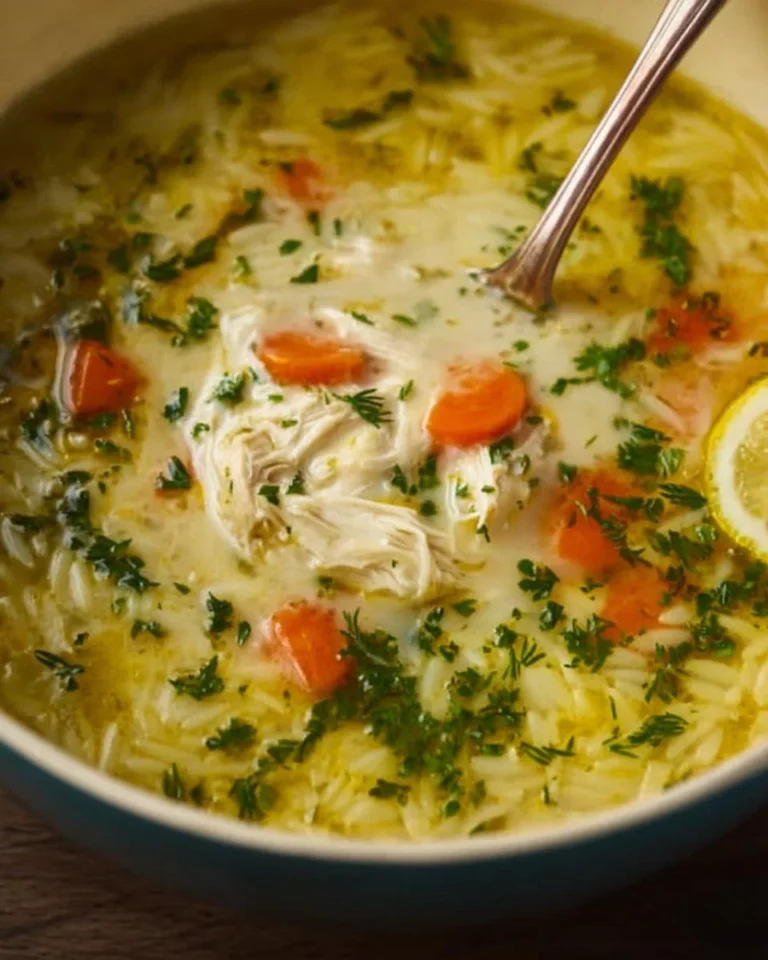 Bowl of lemon chicken orzo soup garnished with fresh herbs