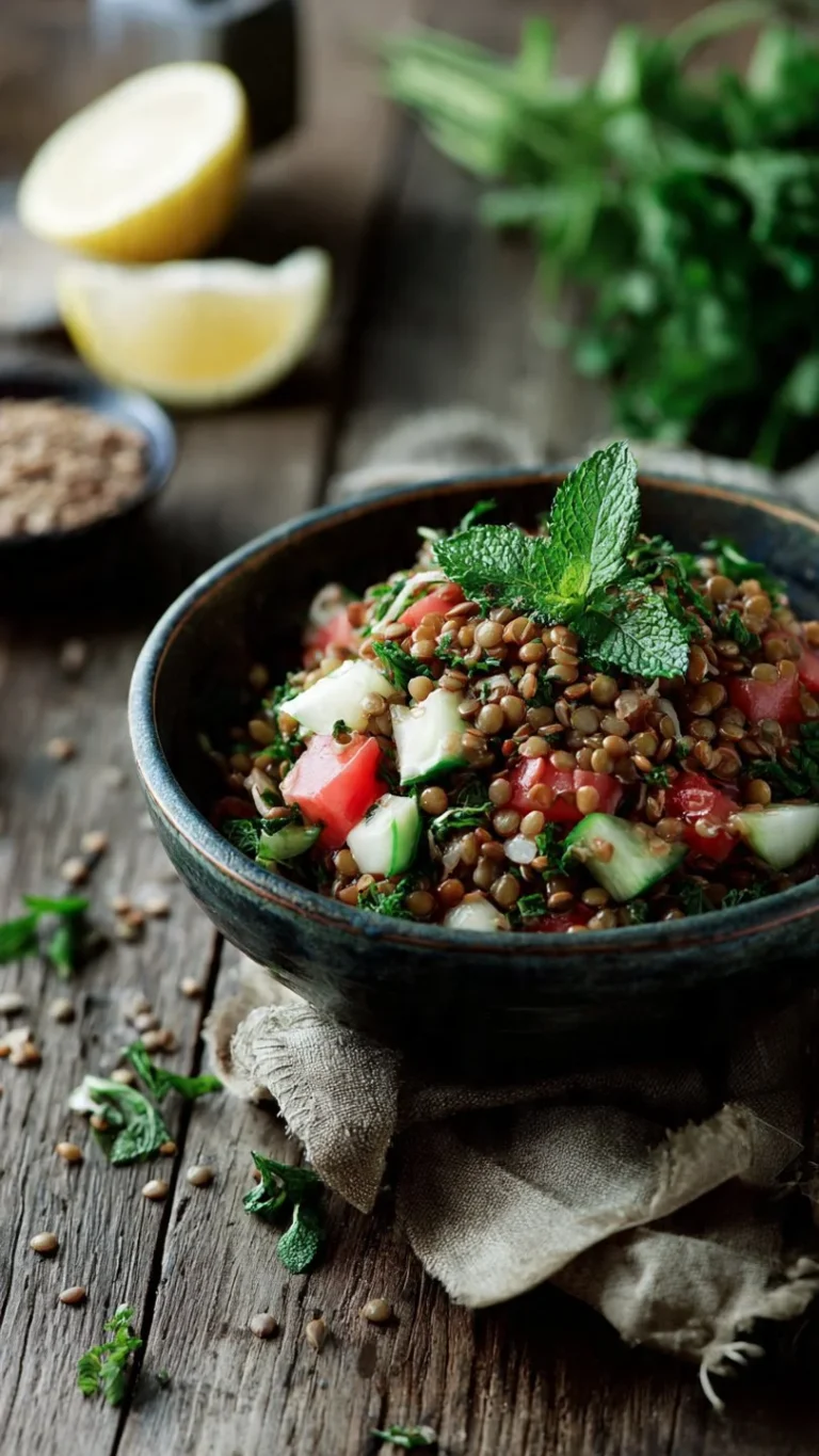 Bowl of vibrant and healthy Lentil Tabbouleh salad with fresh herbs and vegetables
