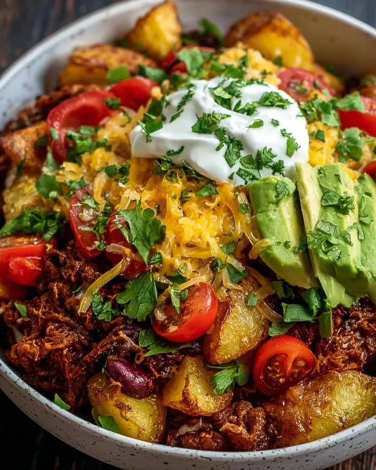 Delicious loaded potato taco bowl topped with fresh ingredients