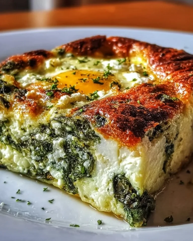 Low carb spinach casserole with feta and egg baked in a dish.
