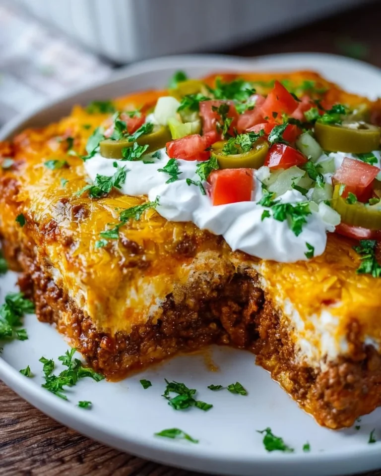 A savory low carb taco casserole with layers of cheese, ground beef, and spices.