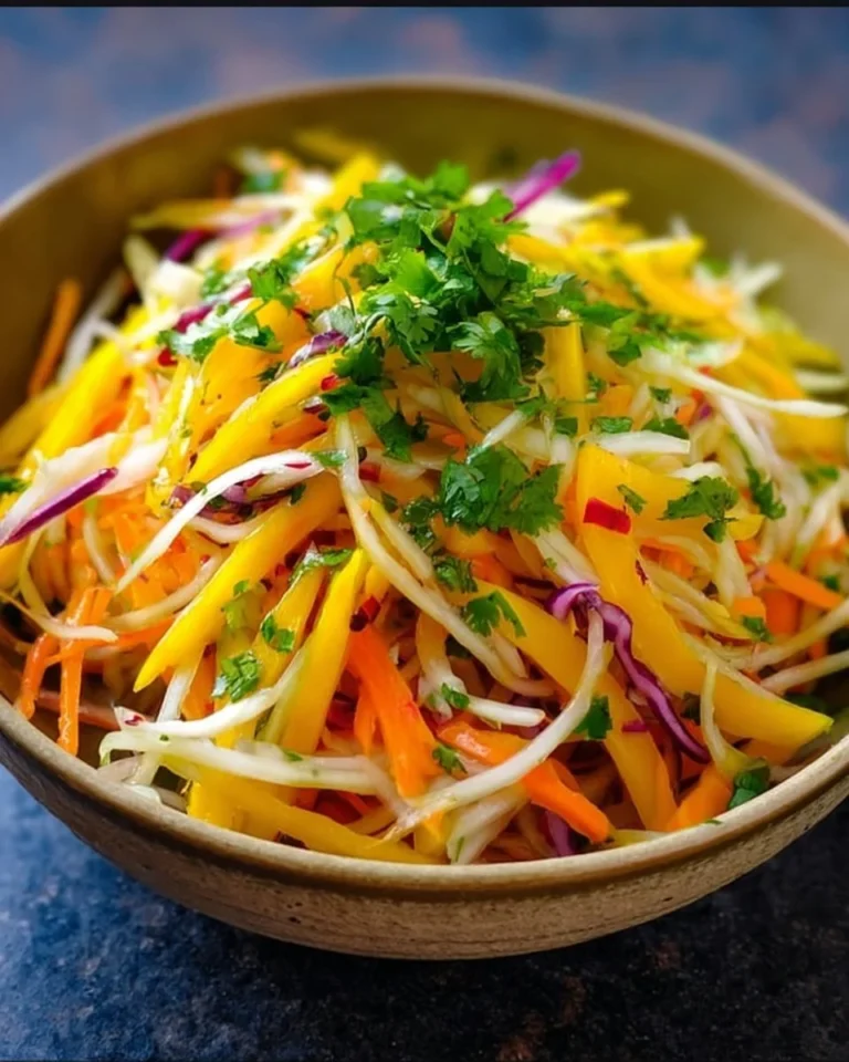Colorful mango slaw served in a bowl with fresh vegetables