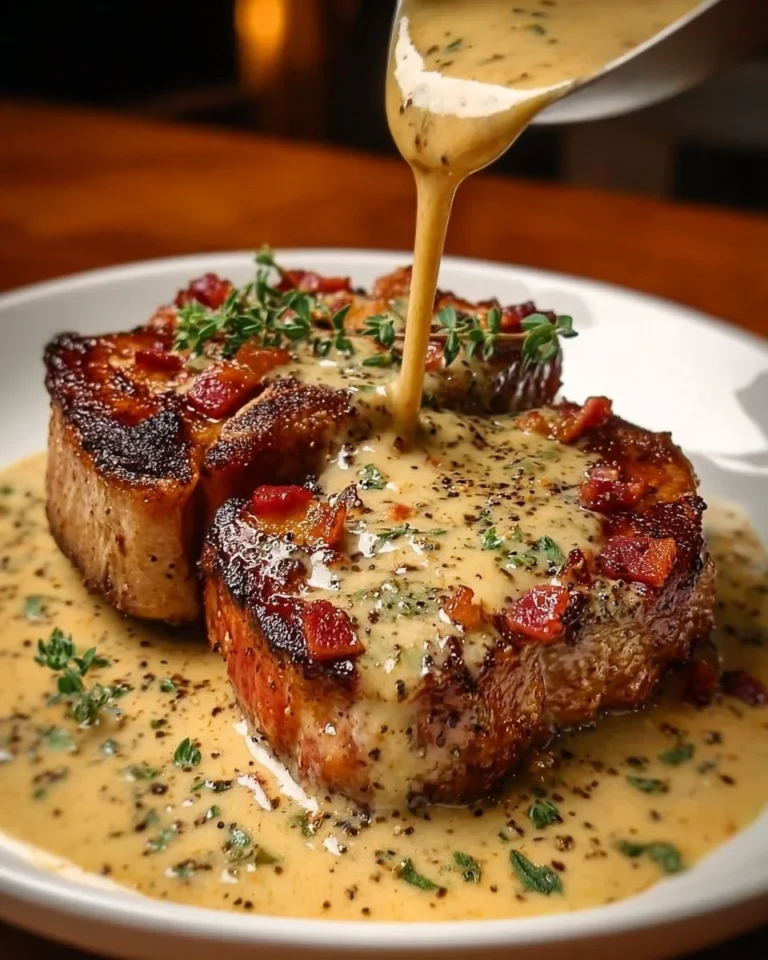 Maple Bacon Pork Chops drizzled with Dijon mustard cream sauce