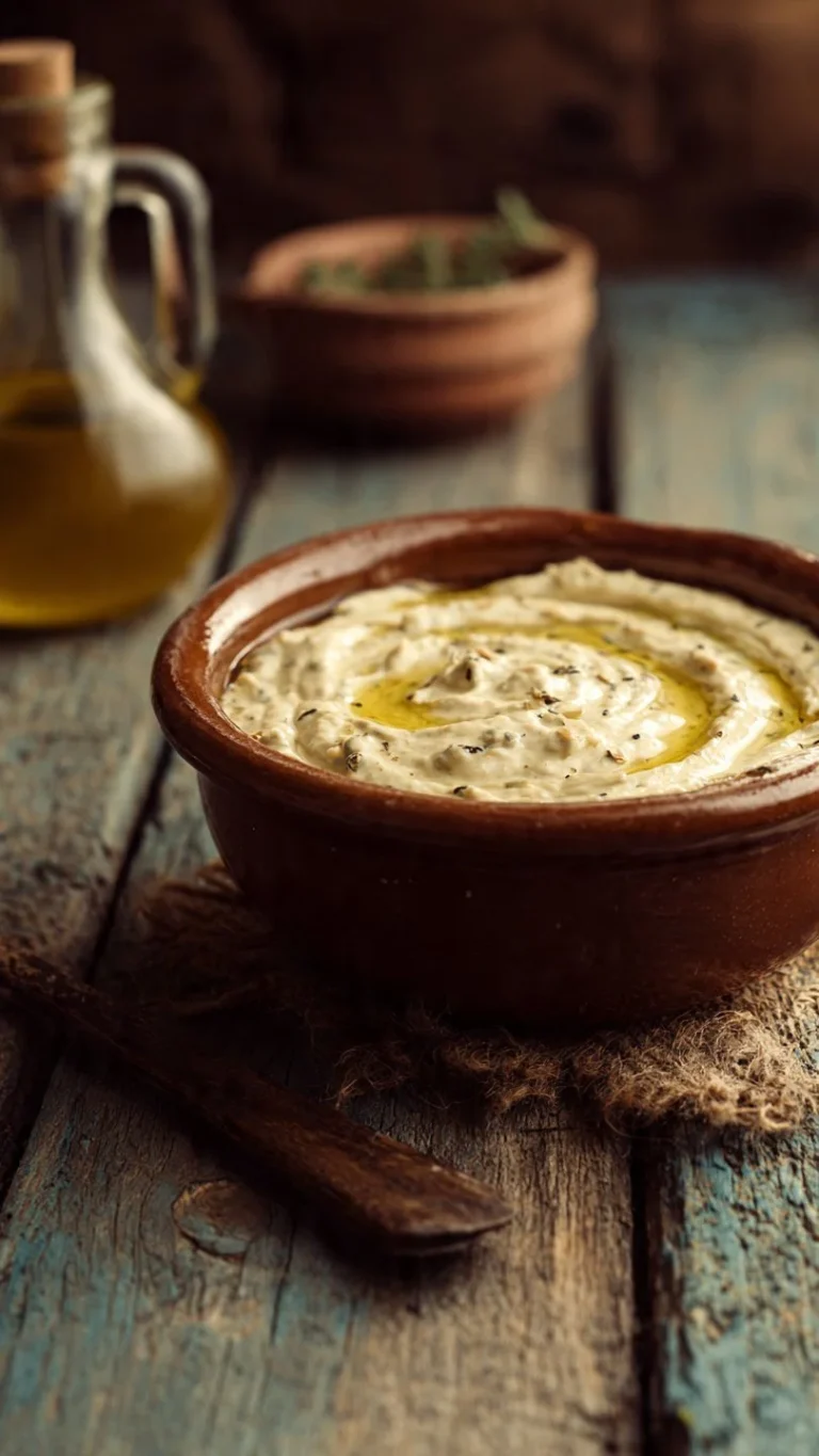 A vibrant bowl of olive dip garnished with herbs and served with fresh vegetables.