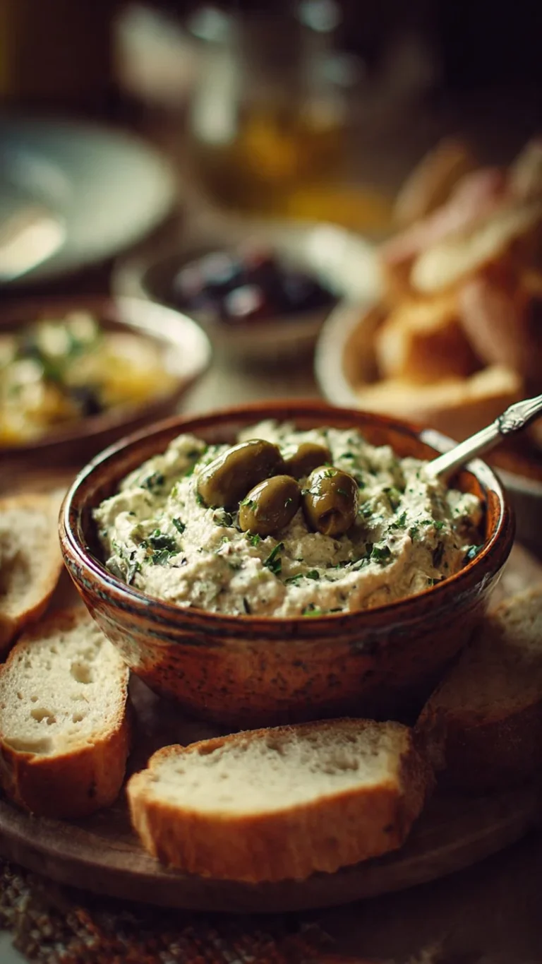 A delicious bowl of Olive Dip served with fresh bread and vegetables.