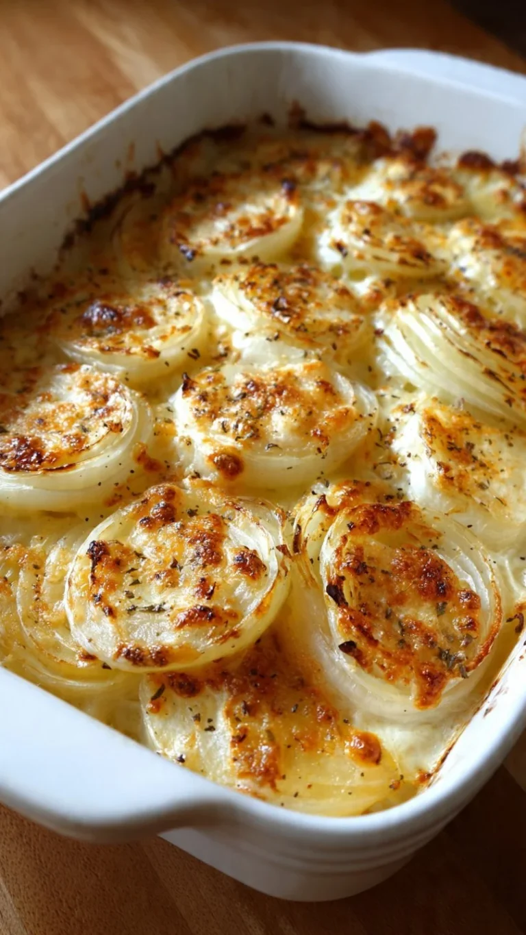 One-Dish Tennessee Onions served on a plate garnished with herbs