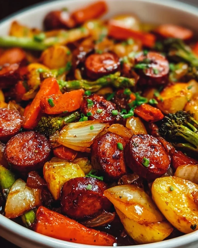 One-Pan Honey Garlic Kielbasa with fresh vegetables ready to be served