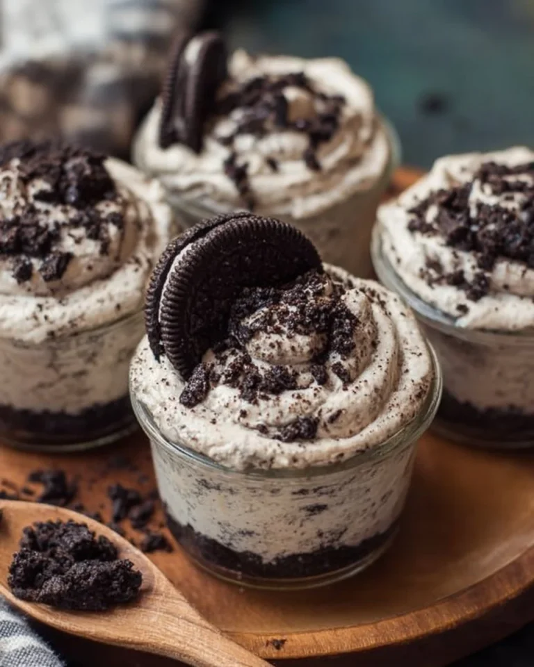 Oreo cheesecake no-bake cups with whipped cream and Oreo crumbs on top.