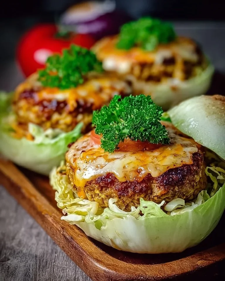 Plate of oven-baked cabbage burgers topped with fresh herbs and served with dipping sauce