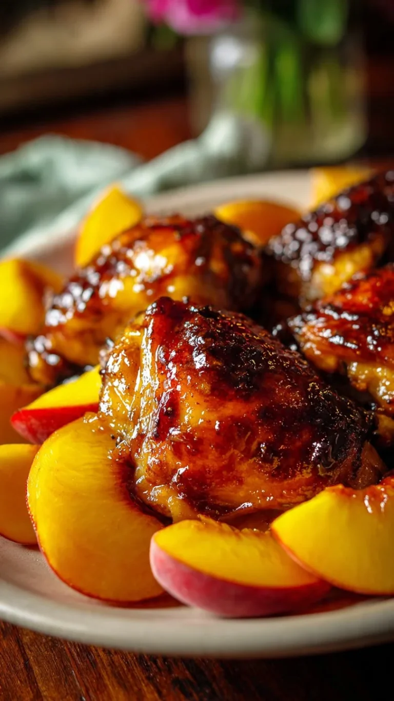 Delicious Peach Balsamic Chicken Thighs garnished with fresh peaches.