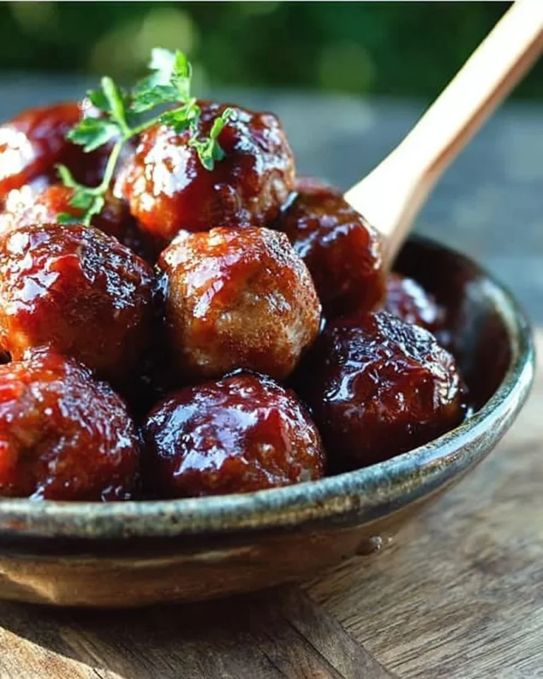 Plate of homemade Peach BBQ Meatballs garnished with fresh herbs.