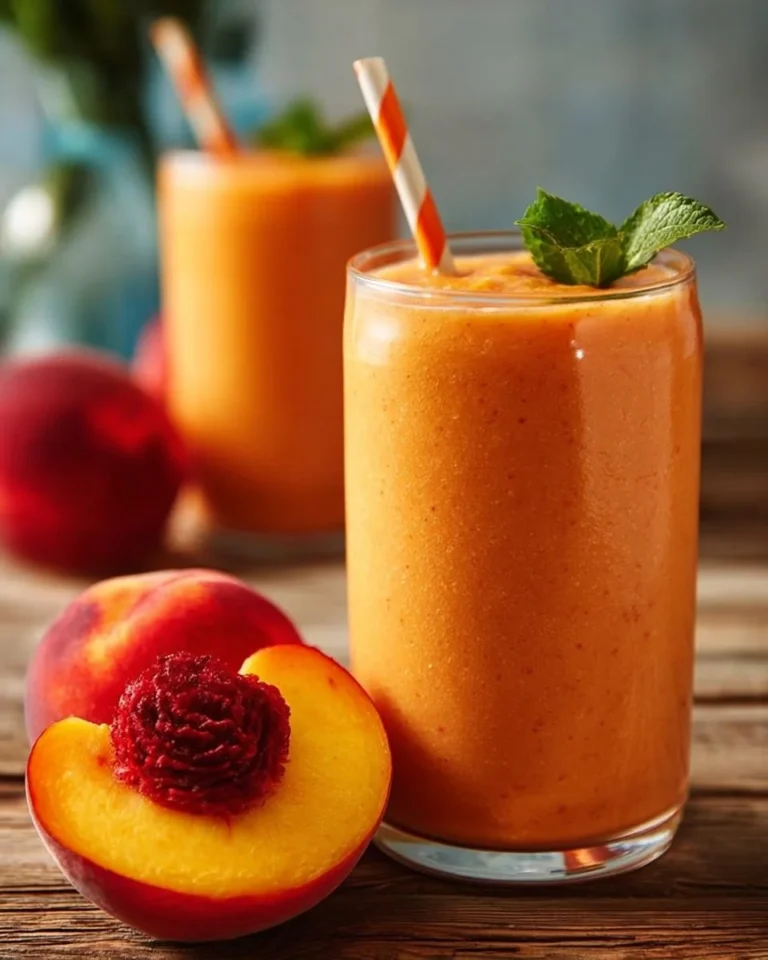 Delicious peach smoothie made with frozen peaches in a glass.