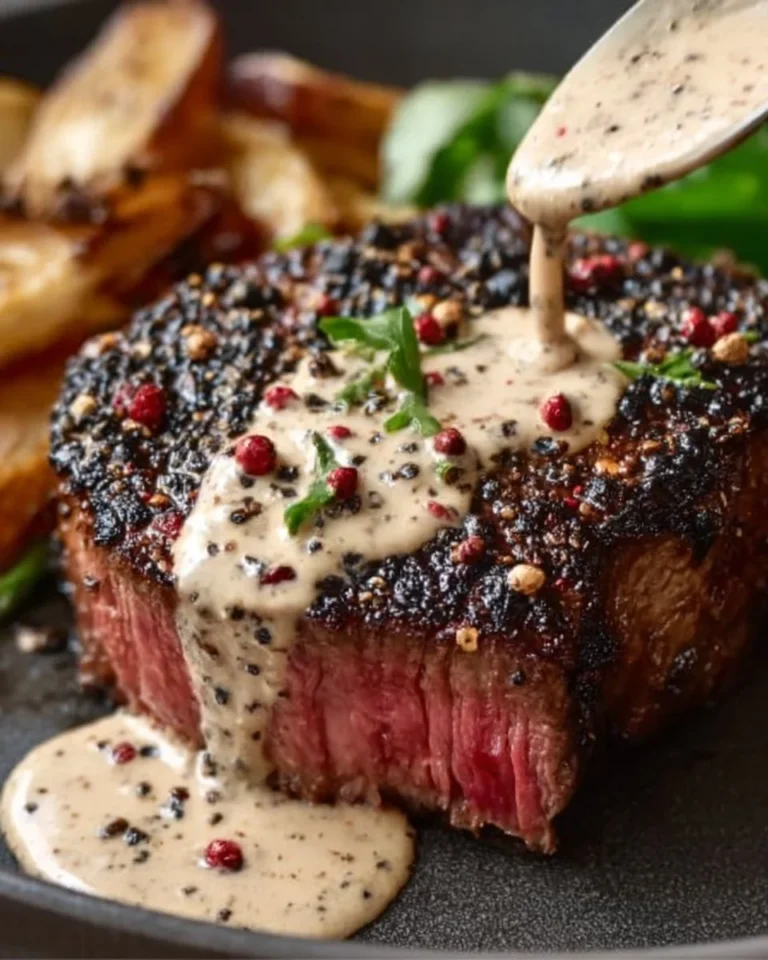 Peppercorn crusted steak served with creamy peppercorn sauce on a white plate.