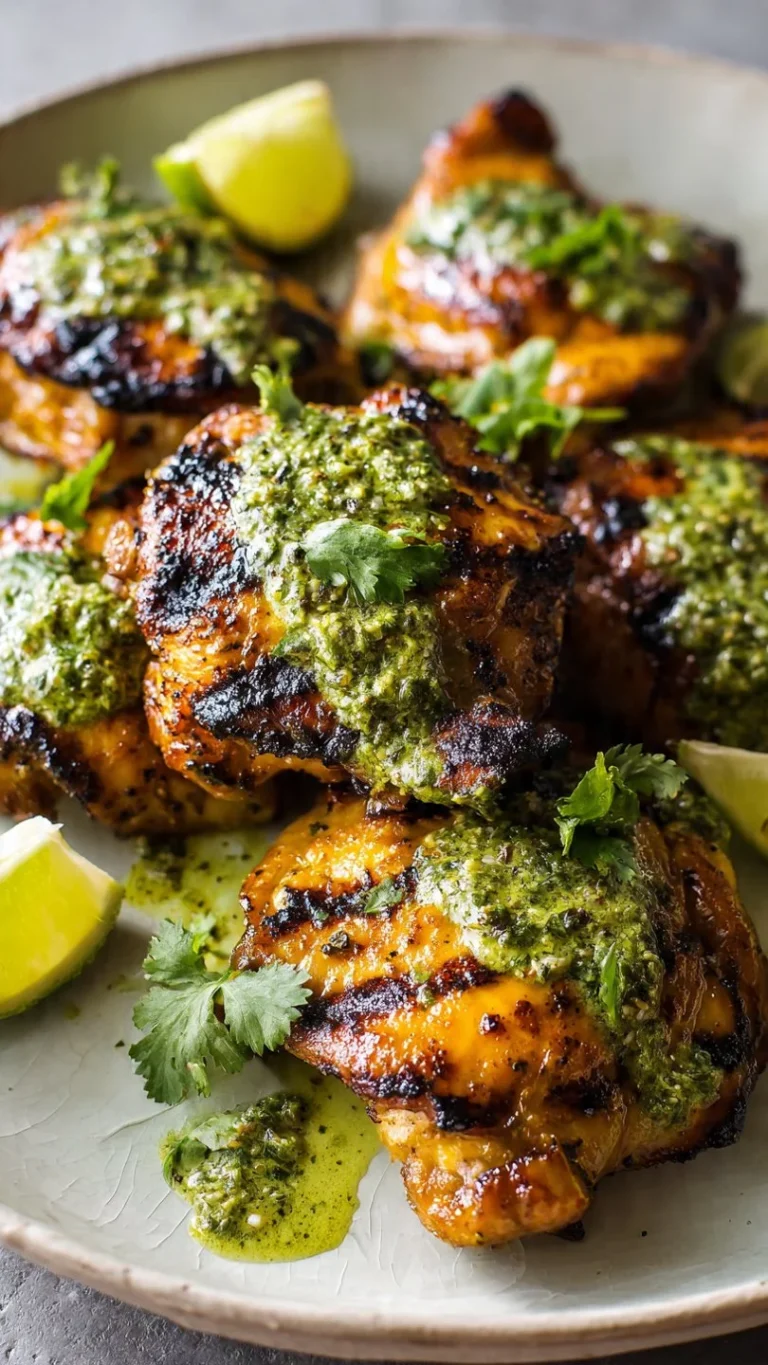 Peruvian grilled chicken thighs served with green goddess dressing on a plate