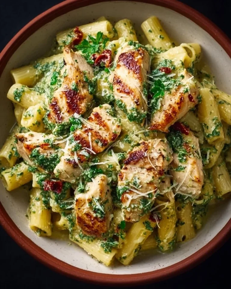 Delicious Pesto Pasta with Chicken garnished with fresh basil.