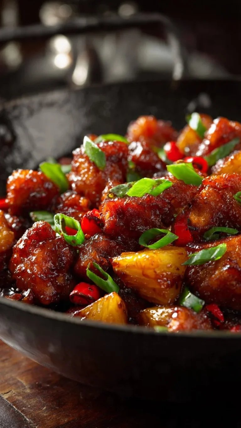 Delicious Pineapple Chicken served with fresh vegetables and rice on a plate.